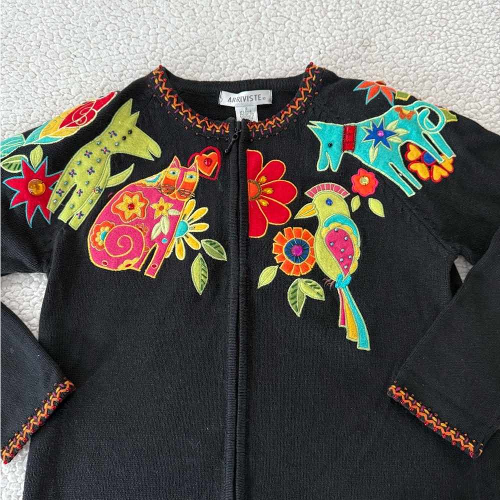 Vintage Arriviste Beaded Embroidered Cardigan Tropical Cat Parrot Small d91